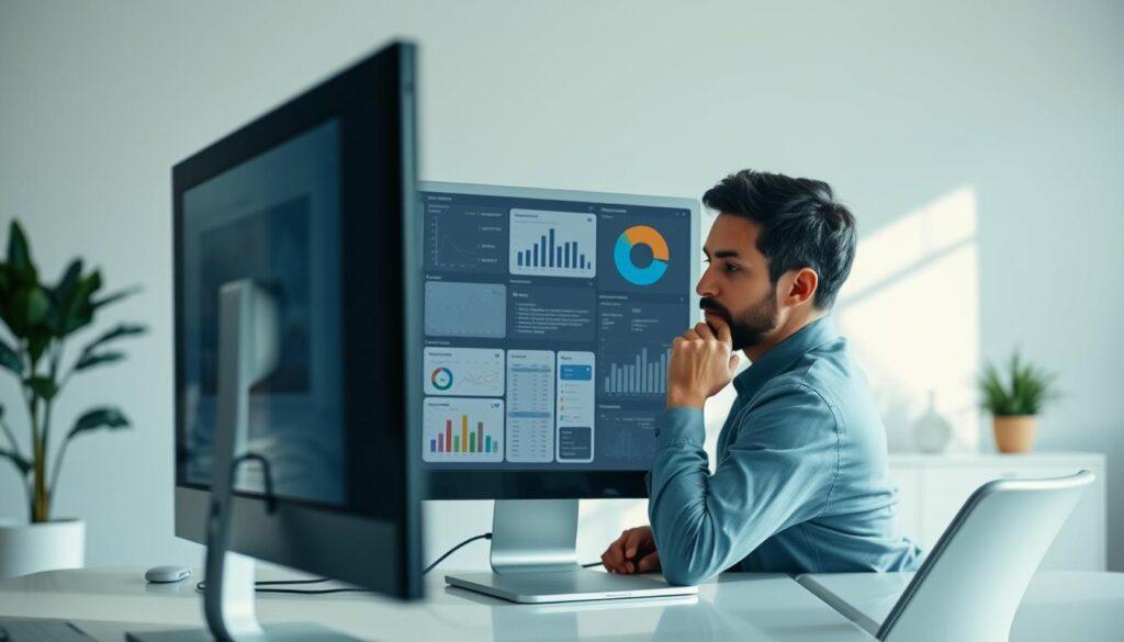 A detailed decision support tool evaluation against a backdrop of a modern, minimalist office setting. In the foreground, a sleek, high-resolution computer display showcases various analytical dashboards and visualizations. The middle ground features a user thoughtfully interacting with the tool, expression focused and engaged. Soft, directional lighting illuminates the scene, casting subtle shadows and highlighting the crisp lines of the office furniture. The background is a serene, neutral palette, allowing the evaluation process to take center stage. An atmosphere of productivity, clarity, and informed decision-making permeates the image.