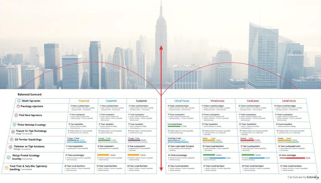 A detailed strategy mapping visualization depicting a balanced scorecard framework. In the foreground, a clean and organized grid of key performance indicators, color-coded to represent financial, customer, internal process, and learning & growth perspectives. In the middle ground, interconnected arrows and lines illustrate the causal relationships between strategic objectives. The background features a cityscape with skyscrapers, symbolizing the implementation of strategy throughout the organization. The overall scene is rendered in a muted, professional color palette with soft, directional lighting to convey a sense of strategic clarity and execution.