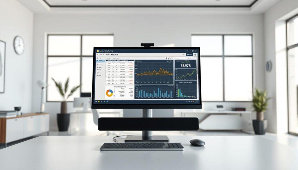 A high-fidelity 3D rendering of a Monte Carlo risk analysis application displayed on a computer screen. The screen shows a detailed financial model with input variables, probability distributions, and simulated outcomes visualized through interactive charts and graphs. The foreground features a modern, minimalist office desk with a sleek desktop computer and ergonomic peripherals. The middle ground showcases the computer screen with the risk analysis application, bathed in soft, directional lighting. The background depicts a clean, contemporary office environment with neutral-toned walls, large windows providing natural illumination, and subtle decorative elements. The overall mood is one of analytical focus, professionalism, and technological sophistication. A high-fidelity 3D rendering of a Monte Carlo risk analysis application displayed on a computer screen. The screen shows a detailed financial model with input variables, probability distributions, and simulated outcomes visualized through interactive charts and graphs. The foreground features a modern, minimalist office desk with a sleek desktop computer and ergonomic peripherals. The middle ground showcases the computer screen with the risk analysis application, bathed in soft, directional lighting. The background depicts a clean, contemporary office environment with neutral-toned walls, large windows providing natural illumination, and subtle decorative elements. The overall mood is one of analytical focus, professionalism, and technological sophistication.