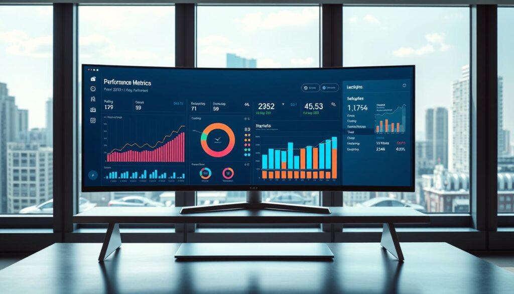 A high-tech performance metrics dashboard displayed on a sleek, ultrawide monitor. The dashboard features crisp, high-contrast visualizations of key performance indicators, arranged in a clean, minimalist layout. The display is bathed in a soft, indirect lighting that highlights the vibrant colors and sharp edges of the UI elements. The dashboard is positioned on a modern, metallic desk in a bright, airy office space, with large windows providing a view of a bustling city skyline in the background. The overall scene conveys a sense of professional, data-driven decision-making.