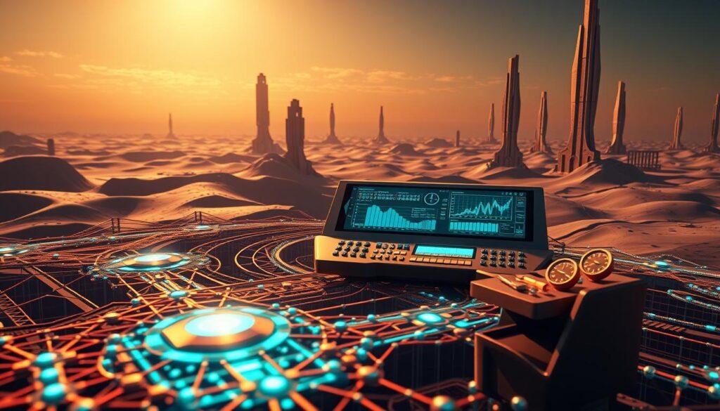 A highly detailed 3D render of the Monte Carlo simulation process. In the foreground, a complex network of interconnected nodes and pathways representing the iterative process of random sampling. The middle ground features a sleek, futuristic control panel with various gauges, charts, and holographic displays, showcasing the real-time data analysis. In the background, a vast, expansive landscape with towering, abstract structures, creating a sense of technological grandeur. The scene is illuminated by a warm, diffused lighting, casting subtle shadows and highlights to emphasize the depth and complexity of the simulation. The overall atmosphere conveys a sense of power, precision, and the cutting-edge nature of this risk analysis method. A highly detailed 3D render of the Monte Carlo simulation process. In the foreground, a complex network of interconnected nodes and pathways representing the iterative process of random sampling. The middle ground features a sleek, futuristic control panel with various gauges, charts, and holographic displays, showcasing the real-time data analysis. In the background, a vast, expansive landscape with towering, abstract structures, creating a sense of technological grandeur. The scene is illuminated by a warm, diffused lighting, casting subtle shadows and highlights to emphasize the depth and complexity of the simulation. The overall atmosphere conveys a sense of power, precision, and the cutting-edge nature of this risk analysis method.