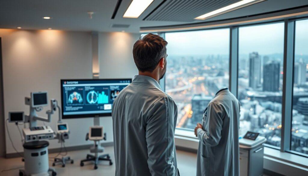 A modern healthcare facility with sleek, minimalist interior. In the foreground, a doctor reviews a decision support system dashboard on a large digital screen, analyzing real-time patient data and treatment recommendations. The middle ground showcases various medical devices and monitoring equipment, seamlessly integrated into the workflow. In the background, a panoramic window offers a view of a bustling urban landscape, symbolizing the system's connectivity and integration with the broader healthcare ecosystem. Soft, directional lighting illuminates the scene, creating a sense of focus and professionalism. The overall mood is one of efficiency, innovation, and a patient-centric approach to care. A modern healthcare facility with sleek, minimalist interior. In the foreground, a doctor reviews a decision support system dashboard on a large digital screen, analyzing real-time patient data and treatment recommendations. The middle ground showcases various medical devices and monitoring equipment, seamlessly integrated into the workflow. In the background, a panoramic window offers a view of a bustling urban landscape, symbolizing the system's connectivity and integration with the broader healthcare ecosystem. Soft, directional lighting illuminates the scene, creating a sense of focus and professionalism. The overall mood is one of efficiency, innovation, and a patient-centric approach to care.