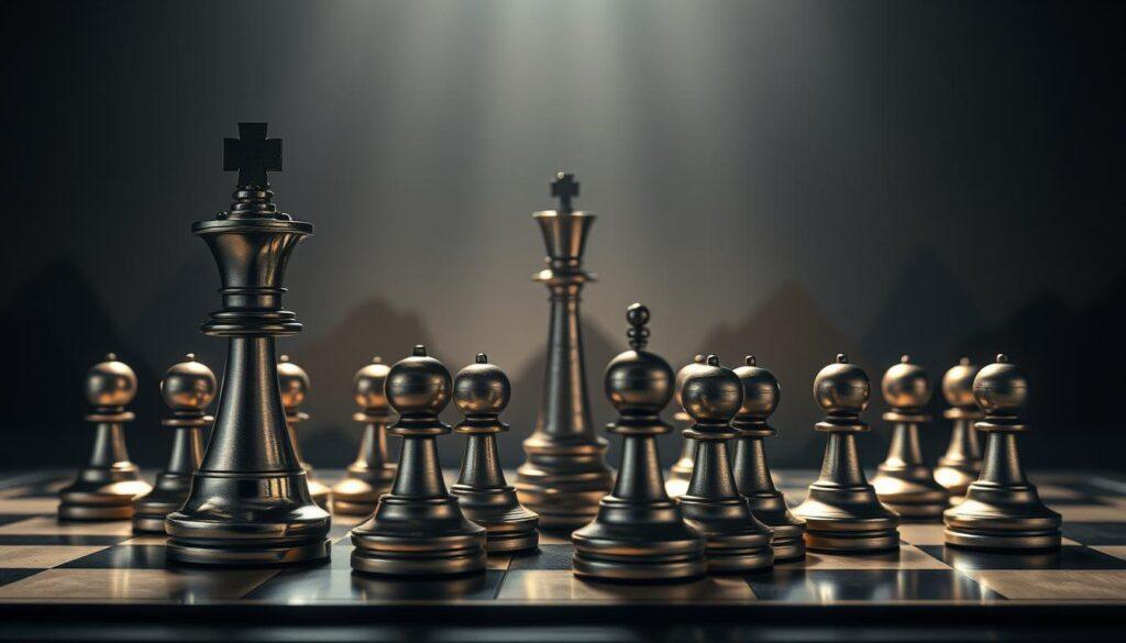 A strategic chessboard with metallic pieces representing different competitive game theory strategies, illuminated by dramatic lighting from above. The foreground features interlocking knight and rook pieces in a tense standoff, reflecting the complexities of decision-making. The middle ground showcases a queen piece towering over pawns, symbolizing the power dynamics at play. In the background, a shadowy landscape of abstract geometrical shapes and lines suggests the broader context of competitive environments. The overall mood is one of intensity, challenge, and the need for sophisticated analytical thinking.