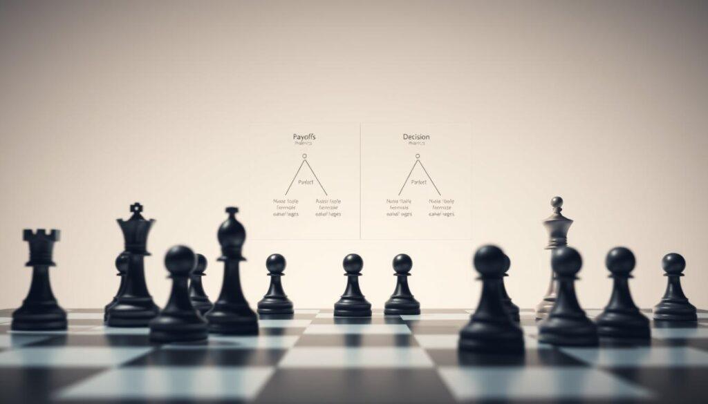 A strategic decision-making game theory model, rendered in a clean, minimalist style. In the foreground, a chessboard with abstract game pieces representing players and their moves. The middle ground features a schematic diagram of payoff matrices and decision trees, illuminated by a soft, directional light. The background is a muted, neutral color palette, creating a sense of focus and contemplation. The overall composition conveys the analytical and conceptual nature of game theory principles, suitable for an academic article on enhancing strategic decision-making.