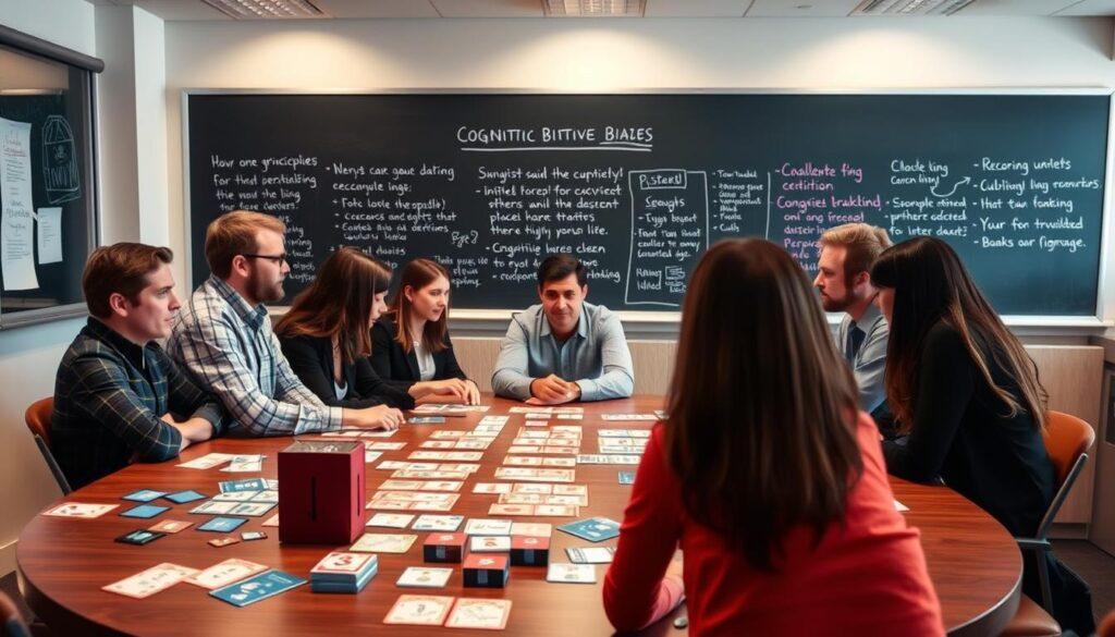 A well-lit classroom setting with a group of people engaged in cognitive bias training games. In the foreground, a table with various game pieces, cards, and interactive puzzles designed to challenge perceptions and encourage critical thinking. In the middle ground, the participants seated around the table, their expressions focused and attentive as they strategize and collaborate. The background features a chalkboard or whiteboard displaying key concepts and principles related to cognitive biases, creating an educational atmosphere. The overall scene conveys a sense of active learning, problem-solving, and a commitment to improving decision-making skills. A well-lit classroom setting with a group of people engaged in cognitive bias training games. In the foreground, a table with various game pieces, cards, and interactive puzzles designed to challenge perceptions and encourage critical thinking. In the middle ground, the participants seated around the table, their expressions focused and attentive as they strategize and collaborate. The background features a chalkboard or whiteboard displaying key concepts and principles related to cognitive biases, creating an educational atmosphere. The overall scene conveys a sense of active learning, problem-solving, and a commitment to improving decision-making skills.