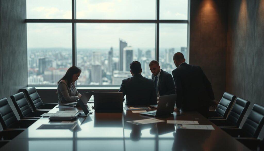 Detailed strategic foresight decision-making process, set in a modern corporate boardroom. In the foreground, a team of executives gathered around a sleek conference table, deep in discussion, papers and laptops scattered before them. Soft, directional lighting casts a pensive glow, creating an atmosphere of serious contemplation. In the middle ground, floor-to-ceiling windows offer a panoramic view of a vibrant cityscape, hinting at the broader context and implications of their decisions. The background is minimalist, with subtle textures and muted colors to keep the focus on the decision-makers and their process. Cinematographic angles and depth of field draw the viewer into the moment, inviting them to participate in the strategic foresight and risk management deliberations.
