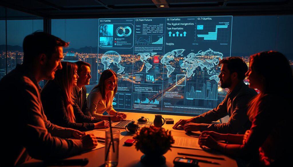 Scenario planning success stories: A vibrant and dynamic scene, captured through the lens of a wide-angle camera. In the foreground, a team of professionals gathered around a table, engaged in intense discussion, their faces alight with excitement as they chart the path forward. The middle ground features a large, holographic projection, displaying intricate data visualizations and possible future scenarios. Bathed in warm, directional lighting that casts dramatic shadows, the atmosphere is one of focused collaboration and strategic insight. In the background, a panoramic view of a bustling cityscape, symbolizing the real-world impact of their planning. The overall mood is one of purpose, innovation, and a sense of tackling complex challenges head-on.
