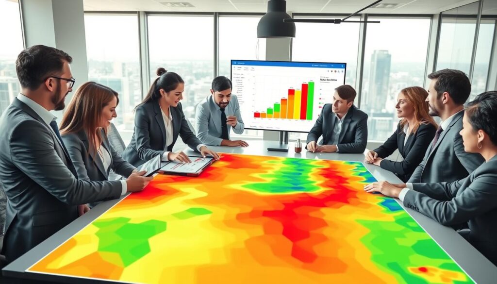 A detailed illustration of the risk heatmap creation process. In the foreground, a diverse group of professionals in business attire is actively engaged around a large, modern conference table, examining data points on a digital tablet and a colorful heatmap displayed on a screen. The middle ground features a close-up of the heatmap, showcasing a gradient of colors from green to red, indicating varying levels of risk. The background reveals a bright, airy office environment with large windows letting in natural light, overlooking a cityscape. The atmosphere is dynamic and collaborative, emphasizing analysis and discussion. The lighting is bright and clear, enhancing visualization, while the angle captures both the heatmap and the team’s engagement, highlighting the steps to create effective heatmaps.