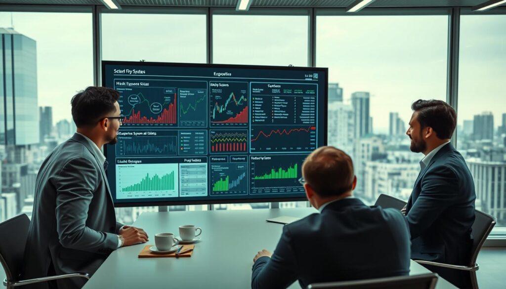 A dynamic and informative visualization depicting 'risk exposure analysis' in the context of scenario stress testing. In the foreground, a diverse group of four business professionals, dressed in smart business attire, huddle around a large digital screen displaying intricate analytical graphs and charts showing various risk factors and weaknesses in a betting system. In the middle ground, a modern conference room filled with bright LED lighting reflects a serious, yet optimistic atmosphere, with coffee cups and notepads scattered on a sleek table. The background features large windows showcasing a bustling cityscape, hinting at the real-world implications of their analysis. Use a slight overhead angle to capture the intensity of their discussion and the complexity of the data presented, conveying a sense of urgency and focus.