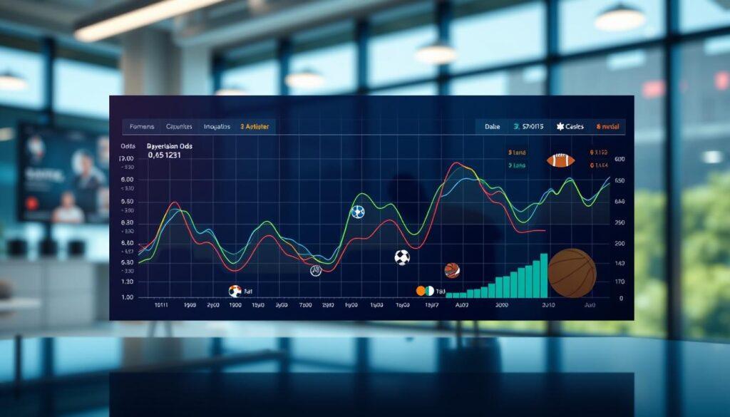 A dynamic odds visualization for Bayesian analysis in sports betting, displayed in an engaging infographic style. In the foreground, a sleek digital dashboard shows fluctuating odds represented by colorful lines and graphs, symbolizing real-time data analysis. The middle ground features stylized icons of various sports, such as football and basketball, integrated into the chart to emphasize the application of Bayesian methods. The background includes a blurred view of a modern office space with large windows, allowing natural light to create a bright, professional atmosphere. The overall mood is analytical and forward-thinking, reflecting innovation in risk management. The image should have a clean, professional aesthetic with a focus on clarity and information. A dynamic odds visualization for Bayesian analysis in sports betting, displayed in an engaging infographic style. In the foreground, a sleek digital dashboard shows fluctuating odds represented by colorful lines and graphs, symbolizing real-time data analysis. The middle ground features stylized icons of various sports, such as football and basketball, integrated into the chart to emphasize the application of Bayesian methods. The background includes a blurred view of a modern office space with large windows, allowing natural light to create a bright, professional atmosphere. The overall mood is analytical and forward-thinking, reflecting innovation in risk management. The image should have a clean, professional aesthetic with a focus on clarity and information.