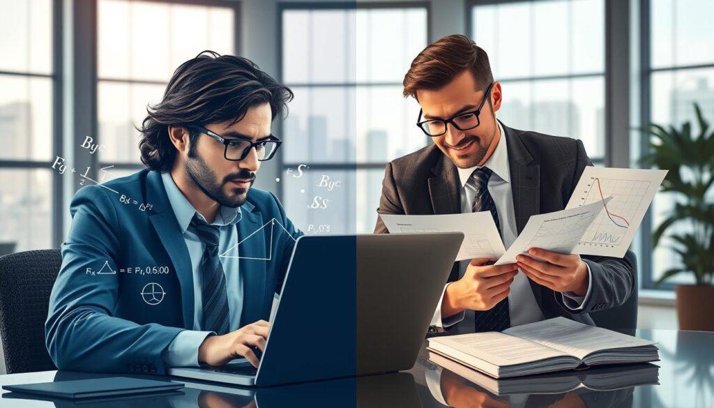 A dynamic split-scene illustration contrasting Bayesian and Frequentist probability approaches. In the foreground, display a professional mathematician in business attire, deeply engaged in analyzing data on a laptop, with Bayesian graphs and formulas illuminated on the screen, exuding a sense of innovation and insight. In the middle, juxtapose a traditional statistician, also dressed in business attire, surrounded by paper charts and Frequentist graphs, reflecting a methodical and structured atmosphere. The background features a modern office environment with large windows, allowing natural light to flood the room, casting soft shadows. The overall mood conveys a sense of competition and collaboration in the field of statistical analysis, showcasing the tension and synergy between the two approaches. A dynamic split-scene illustration contrasting Bayesian and Frequentist probability approaches. In the foreground, display a professional mathematician in business attire, deeply engaged in analyzing data on a laptop, with Bayesian graphs and formulas illuminated on the screen, exuding a sense of innovation and insight. In the middle, juxtapose a traditional statistician, also dressed in business attire, surrounded by paper charts and Frequentist graphs, reflecting a methodical and structured atmosphere. The background features a modern office environment with large windows, allowing natural light to flood the room, casting soft shadows. The overall mood conveys a sense of competition and collaboration in the field of statistical analysis, showcasing the tension and synergy between the two approaches.