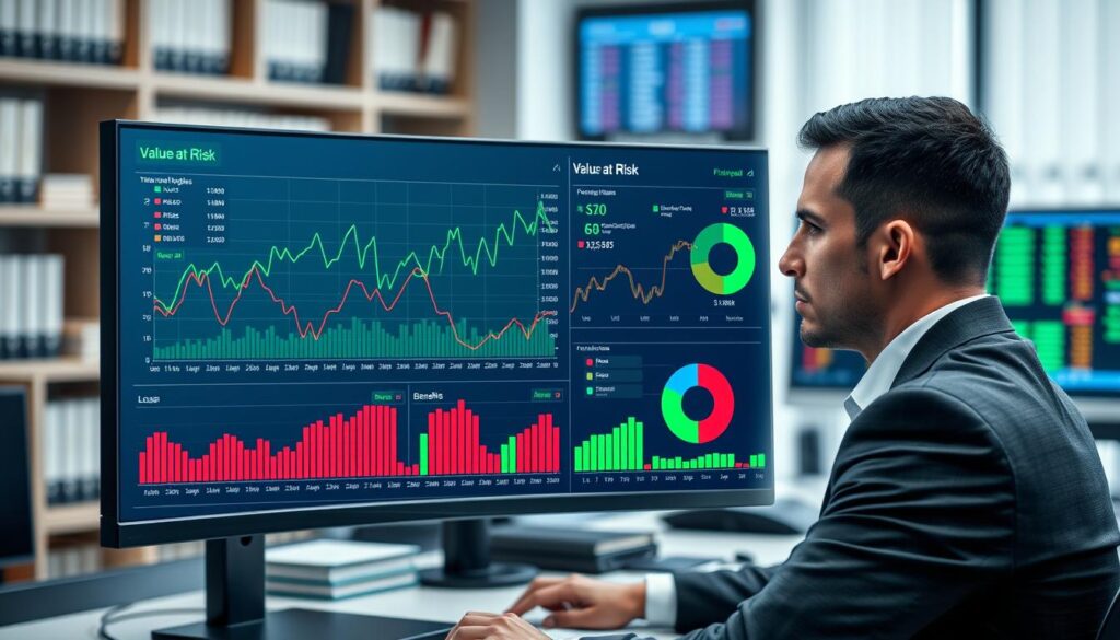 A financial risk management visualization showcasing the concept of Value at Risk for sportsbooks. In the foreground, a professional business analyst, dressed in smart attire, is analyzing graphs and charts on a computer screen displaying risk metrics and sports betting data. The middle ground features a transparent digital overlay of fluctuating line graphs and pie charts representing potential losses and benefits, all in vibrant colors like green, red, and blue, symbolizing gains and risks. The background includes a blurred office setting, with shelves of financial books and monitors showing real-time sports statistics. Soft, diffused lighting creates a calm, focused atmosphere, while a slight upward angle emphasizes the significance of the analysis. The overall mood is analytical and professional, conveying the importance of managing financial risks effectively. A financial risk management visualization showcasing the concept of Value at Risk for sportsbooks. In the foreground, a professional business analyst, dressed in smart attire, is analyzing graphs and charts on a computer screen displaying risk metrics and sports betting data. The middle ground features a transparent digital overlay of fluctuating line graphs and pie charts representing potential losses and benefits, all in vibrant colors like green, red, and blue, symbolizing gains and risks. The background includes a blurred office setting, with shelves of financial books and monitors showing real-time sports statistics. Soft, diffused lighting creates a calm, focused atmosphere, while a slight upward angle emphasizes the significance of the analysis. The overall mood is analytical and professional, conveying the importance of managing financial risks effectively.