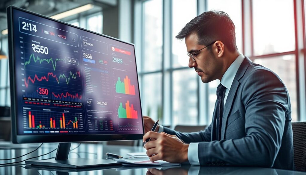A high-tech sports betting dashboard displayed on a sleek computer monitor. In the foreground, the dashboard showcases intricate graphs, colorful risk heatmaps, and real-time betting data, emanating a futuristic glow. The middle layer features a professional in business attire, intently analyzing the dashboard, with focused expression and a pen in hand, surrounded by financial documents and a coffee mug. In the background, a modern office environment with large windows allows natural light to stream in, creating a bright and vibrant atmosphere, reflecting a sense of urgency and excitement in sports betting. The overall mood combines professionalism with a hint of tension, highlighting the analytical nature of betting decisions.