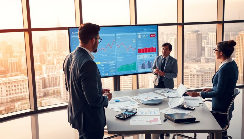 A modern office environment showcasing the concept of "betting losses risk management." In the foreground, a diverse team of three professionals in business attire—two men and one woman—discuss a large digital screen displaying complex graphs and statistics related to betting risks and cash flow. In the middle ground, a well-organized conference table filled with financial documents and calculators, surrounded by charts depicting fluctuating risk levels and potential losses. The background features a large window overlooking a bustling city skyline, illuminated by warm afternoon light, creating a professional yet dynamic atmosphere. The scene should convey a sense of focus, collaboration, and analytical rigor, highlighting the serious nature of risk management in the betting industry. A modern office environment showcasing the concept of "betting losses risk management." In the foreground, a diverse team of three professionals in business attire—two men and one woman—discuss a large digital screen displaying complex graphs and statistics related to betting risks and cash flow. In the middle ground, a well-organized conference table filled with financial documents and calculators, surrounded by charts depicting fluctuating risk levels and potential losses. The background features a large window overlooking a bustling city skyline, illuminated by warm afternoon light, creating a professional yet dynamic atmosphere. The scene should convey a sense of focus, collaboration, and analytical rigor, highlighting the serious nature of risk management in the betting industry.