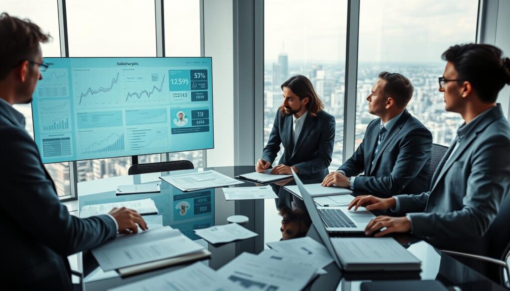 A professional office setting featuring a team of analysts engaged in sensitivity analysis reliability testing. In the foreground, a diverse group of three analysts in business attire—two men and one woman—are focused on a large digital display showing intricate graphs and data metrics. The middle ground highlights a sleek conference table littered with statistical reports, notepads, and laptops. The background includes a panoramic window revealing a city skyline, with soft, natural light flooding the space, creating an atmosphere of collaboration and focus. The lens captures a slight overhead angle, emphasizing the teamwork and dynamic discussions among the analysts, reflecting a mood of diligence and professionalism in model reliability. A professional office setting featuring a team of analysts engaged in sensitivity analysis reliability testing. In the foreground, a diverse group of three analysts in business attire—two men and one woman—are focused on a large digital display showing intricate graphs and data metrics. The middle ground highlights a sleek conference table littered with statistical reports, notepads, and laptops. The background includes a panoramic window revealing a city skyline, with soft, natural light flooding the space, creating an atmosphere of collaboration and focus. The lens captures a slight overhead angle, emphasizing the teamwork and dynamic discussions among the analysts, reflecting a mood of diligence and professionalism in model reliability.