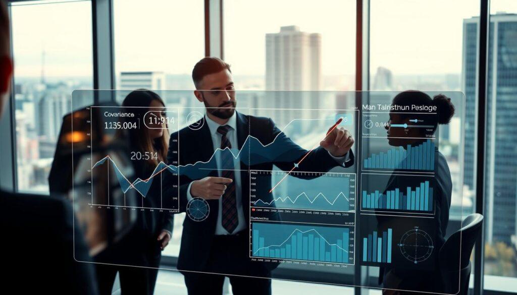 A sophisticated visualization of a gambling risk metrics pathways model, set in a modern office environment. In the foreground, a transparent digital screen displays intricate graphs and charts representing correlation and covariance in sports betting analytics. The middle section features professional analysts in business attire, actively discussing and pointing at the data, their expressions focused and engaged. The background contains large windows revealing a bustling cityscape, with subtle reflections of the outside world enhancing the dynamic atmosphere. Soft, ambient lighting illuminates the scene, casting gentle shadows that add depth, while a slight tilt angle gives the image an energetic perspective. The overall mood conveys a sense of professionalism and analytical rigor, perfect for illustrating the concept of risk diversification with correlated bets.