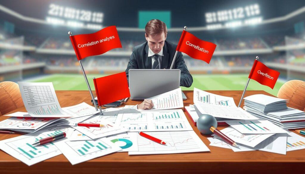 A visually engaging illustration depicting common pitfalls in regression analysis within the context of sports betting. In the foreground, show a table cluttered with statistical charts, algorithms, and red flags symbolizing errors such as overfitting and correlation confusion. In the middle ground, include a laptop displaying a regression analysis program, with a professional in business attire analyzing the data. The background features a blurred image of a sports stadium, subtly hinting at a sports betting theme. Soft, focused lighting accentuates the table while creating a slightly dramatic and thoughtful atmosphere, emphasizing the importance of careful analysis. Use a shallow depth of field to make the foreground elements pop, drawing attention to the clarity of the analyzing process and its associated challenges. A visually engaging illustration depicting common pitfalls in regression analysis within the context of sports betting. In the foreground, show a table cluttered with statistical charts, algorithms, and red flags symbolizing errors such as overfitting and correlation confusion. In the middle ground, include a laptop displaying a regression analysis program, with a professional in business attire analyzing the data. The background features a blurred image of a sports stadium, subtly hinting at a sports betting theme. Soft, focused lighting accentuates the table while creating a slightly dramatic and thoughtful atmosphere, emphasizing the importance of careful analysis. Use a shallow depth of field to make the foreground elements pop, drawing attention to the clarity of the analyzing process and its associated challenges.