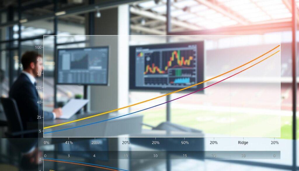 A visually engaging illustration of various regression types used in data modeling, specifically for sports analytics. In the foreground, a sleek, transparent chart showcases diverse regression lines: linear, logistic, polynomial, and ridge regression, each represented in distinct colors. The middle ground features a modern workspace, with a professional in business attire analyzing the data on a large screen displaying graphs and statistical outputs. The background includes a blurred view of a sports field, symbolizing the application of the regression types to sports betting decisions. The lighting is bright and focused on the chart, creating a sense of clarity and analytical precision. The atmosphere is one of professionalism and insight, capturing the essence of data-driven decision-making in sports. A visually engaging illustration of various regression types used in data modeling, specifically for sports analytics. In the foreground, a sleek, transparent chart showcases diverse regression lines: linear, logistic, polynomial, and ridge regression, each represented in distinct colors. The middle ground features a modern workspace, with a professional in business attire analyzing the data on a large screen displaying graphs and statistical outputs. The background includes a blurred view of a sports field, symbolizing the application of the regression types to sports betting decisions. The lighting is bright and focused on the chart, creating a sense of clarity and analytical precision. The atmosphere is one of professionalism and insight, capturing the essence of data-driven decision-making in sports.