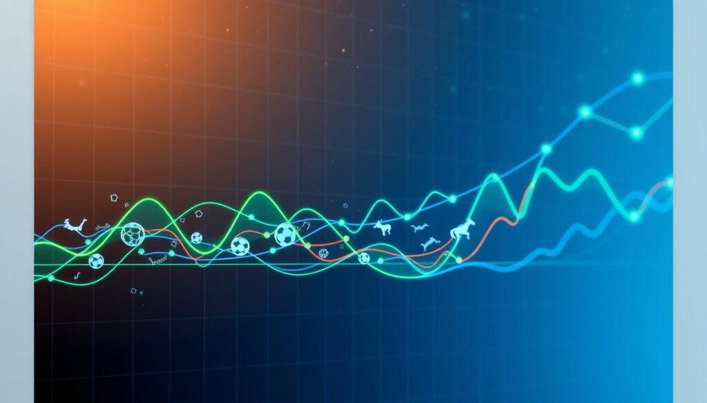 A visually striking and analytical depiction of gambling correlation patterns in sports betting. In the foreground, a dynamic digital graph illustrates fluctuating correlation lines, highlighted in vibrant colors such as green and blue, showcasing the relationships between various sports events. The middle ground features abstract representations of sports icons like footballs, basketballs, and racehorses, cleverly integrated within the graph to visually connect data with real-world sports. The background fades into a soft gradient of dark blues and blacks, suggesting depth, while pinpoints of light represent data points in a starry sky, reflecting a sense of vastness and complexity in analytics. Emphasize clarity and professionalism in the design, with a high-tech aesthetic. Soft lighting enhances the mood of insightful exploration and analysis.