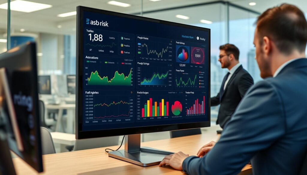 A sleek and modern risk monitoring dashboard displayed on a high-resolution computer screen in a well-lit office environment. In the foreground, various colorful graphs and charts represent real-time data analytics, showing risk levels in different sports betting markets. The middle ground features business professionals in smart attire analyzing the dashboard, engaged in discussion. The background includes glass walls revealing a vibrant city skyline, suggesting a dynamic, high-stakes atmosphere. The image is captured from a clear angle, emphasizing the dashboard's intricate details, with soft ambient lighting to create a focused yet lively mood. The overall impression conveys efficiency and the importance of timely decision-making in risk management. A sleek and modern risk monitoring dashboard displayed on a high-resolution computer screen in a well-lit office environment. In the foreground, various colorful graphs and charts represent real-time data analytics, showing risk levels in different sports betting markets. The middle ground features business professionals in smart attire analyzing the dashboard, engaged in discussion. The background includes glass walls revealing a vibrant city skyline, suggesting a dynamic, high-stakes atmosphere. The image is captured from a clear angle, emphasizing the dashboard's intricate details, with soft ambient lighting to create a focused yet lively mood. The overall impression conveys efficiency and the importance of timely decision-making in risk management.