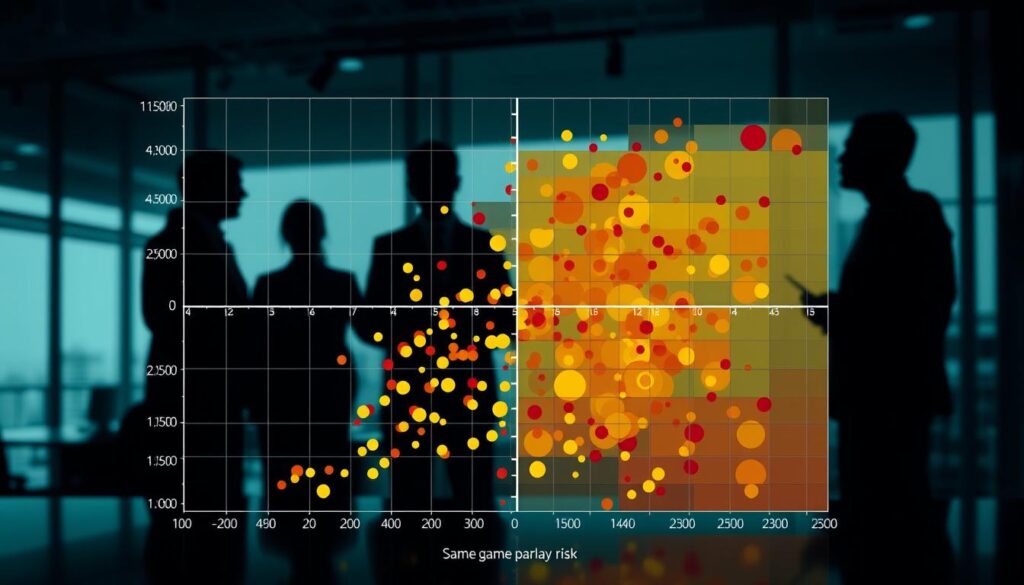 A detailed correlation matrix visualization centered on same-game parlay risk, with a sleek, modern design. In the foreground, various cells of the matrix display vivid colors representing correlation strengths, set against a dark, gradient background for contrast. The middle layer features subtle grid lines and axis labels, suggesting a high-tech analysis tool. In the background, blurred silhouettes of a professional office environment, including businesspeople discussing strategies, hint at a dynamic, engaging atmosphere. The lighting should be cool and focused, emphasizing clarity and precision in data interpretation. The overall mood is analytical, sophisticated, and trustworthy, suitable for financial risk assessment. No text, graph labels, or watermarks are included.