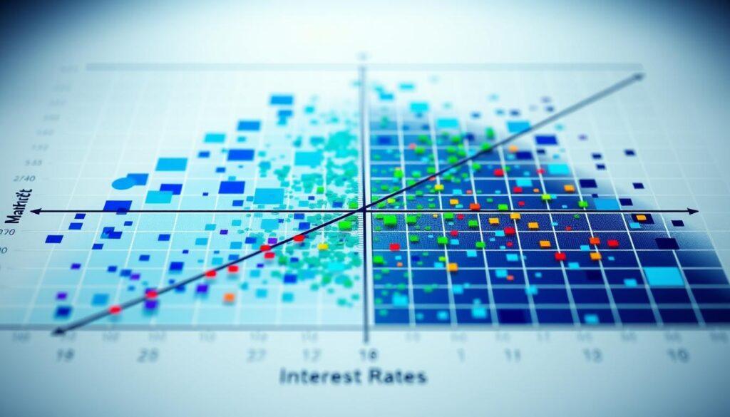 A detailed correlation matrix visualization showcasing the dependencies between various financial indicators. In the foreground, vibrant colored cells representing different correlation values, with shades of blue for negative correlations and shades of green for positive correlations. In the middle, clear and precise axes labeled with financial terms like "Asset Pricing," "Market Volatility," and "Interest Rates." The background features a subtle grid design to enhance the analytical aesthetic. Soft, diffused lighting casts a professional ambiance, imitating the look of a polished financial report. The overall mood is analytical and insightful, ideal for conveying complex financial relationships. The image should be devoid of any text or annotations, focusing solely on the visual representation of the correlation matrix.
