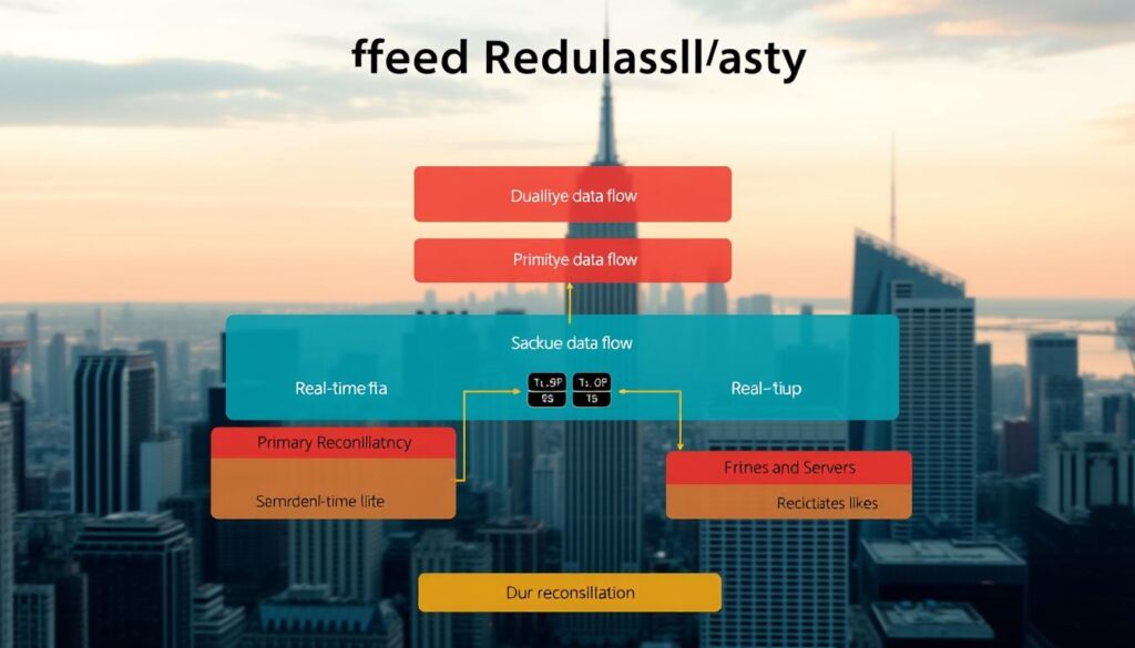 A detailed diagram illustrating a dual-feed redundancy architecture for high-availability trading systems. In the foreground, clearly labeled primary and backup data flow paths are depicted in vibrant colors, showcasing real-time data transfer lines. The middle layer shows systems for reconciliation, depicting databases and servers in a balanced configuration. In the background, a sleek city skyline represents technological sophistication and high-stakes trading environments, with soft lighting that suggests a professional atmosphere. Use a slightly elevated angle to convey depth and complexity in the architecture. The overall mood should be serious and informative, designed to communicate reliability and efficiency in data management for trading systems. Ensure no text or annotations appear in the image.