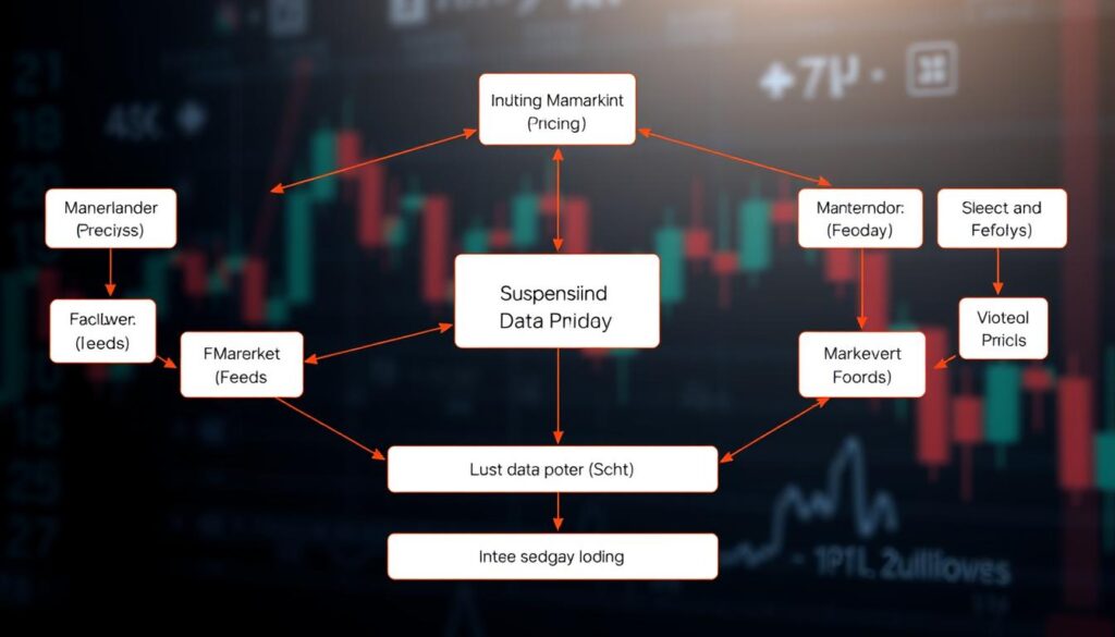 A detailed flow diagram illustrating fallback pricing and market suspension in a trading context. In the foreground, highlight interconnected nodes representing data points for market feeds, fallback systems, and pricing mechanisms, using bold lines and arrows to indicate the flow of information. In the middle, depict various layers of data redundancy and the suspension protocols, with contrasting colors to differentiate between active and inactive states. In the background, incorporate abstract representations of financial markets, such as candlestick charts or graphs, subtly blended to emphasize the trading environment. Use soft, professional lighting to create a clear and informative atmosphere, ensuring the diagram is both visually appealing and easy to understand from a technical perspective.