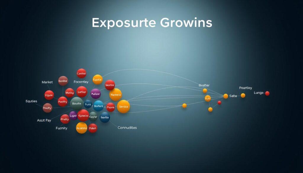 A detailed portfolio risk management diagram illustrating exposure grouping, featuring interconnected nodes representing different asset categories in a sleek, modern design. The foreground showcases distinct clusters labeled by market sectors, portrayed using vibrant colors to differentiate between groups (e.g., equities, fixed income, commodities). In the middle, a series of dynamic lines illustrate relationships and correlations between the asset clusters, utilizing varying thickness to indicate levels of risk exposure. The background is a subtle gradient, creating a professional ambiance that enhances focus on the diagram. The lighting is soft yet highlights the diagram's complexity, ensuring clarity and ease of comprehension. The overall atmosphere is analytical and sophisticated, suited for a financial audience seeking to understand risk management strategies without any text, overlays, or distractions.
