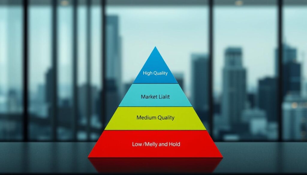A detailed pyramid chart visualizing tiered liability limits per market, featuring different layers in distinct colors representing varying levels of market quality and hold. The foreground shows the pyramid's apex labeled as "High Quality" in a vibrant shade of green, tapering down through "Medium Quality" in blue and "Low Quality" in red at the base. In the middle ground, a sleek, professional business setting with soft, diffused lighting enhances the chart's prominence. The background consists of a blurred cityscape, subtly hinting at an urban financial environment. The overall mood conveys clarity and structure, emphasizing the importance of bankroll management. The image should be crisp and polished, using a standard lens with a slight depth of field to draw focus to the pyramid chart while softening the background distractions.