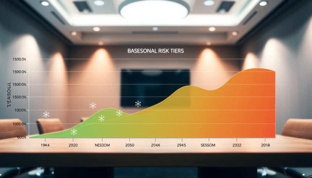 A detailed seasonal risk tiers graph illustrating variations in bankroll management over different seasons. The foreground features a dynamic line graph with distinct tier levels represented by vibrant colors, showcasing fluctuations in risk during peak events. The middle ground includes icons symbolizing seasonal changes, such as snowflakes for winter and sun for summer, enhancing visual appeal. In the background, a subtle gradient of colors transitions from cool blues to warm oranges, signifying seasonal shifts. The lighting is bright and professional, akin to a well-lit conference room, emphasizing clarity and focus on the graph. The mood is analytical and insightful, encouraging understanding of seasonal adjustments in risk management strategy.