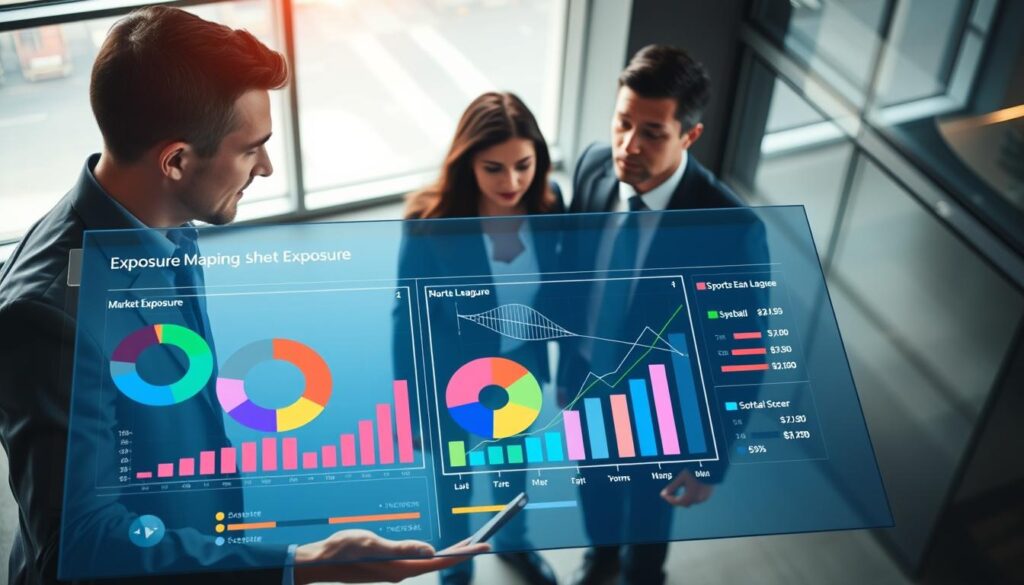 A detailed visualization of exposure mapping within sports league market segmentation. In the foreground, a sophisticated digital dashboard displays vibrant pie charts and graphs, categorizing market exposure by different sports leagues, such as basketball, football, and soccer. In the middle ground, a group of professional analysts in business attire collaboratively discuss insights over the dashboard, their expressions focused and engaged. The background features a sleek, modern office space with large windows, letting in soft natural light that creates a professional and energetic atmosphere. The image employs a high-angle perspective, emphasizing the dynamic interaction between the analysts and the digital representation of data. The overall mood conveys trust and precision in risk management within a competitive market.
