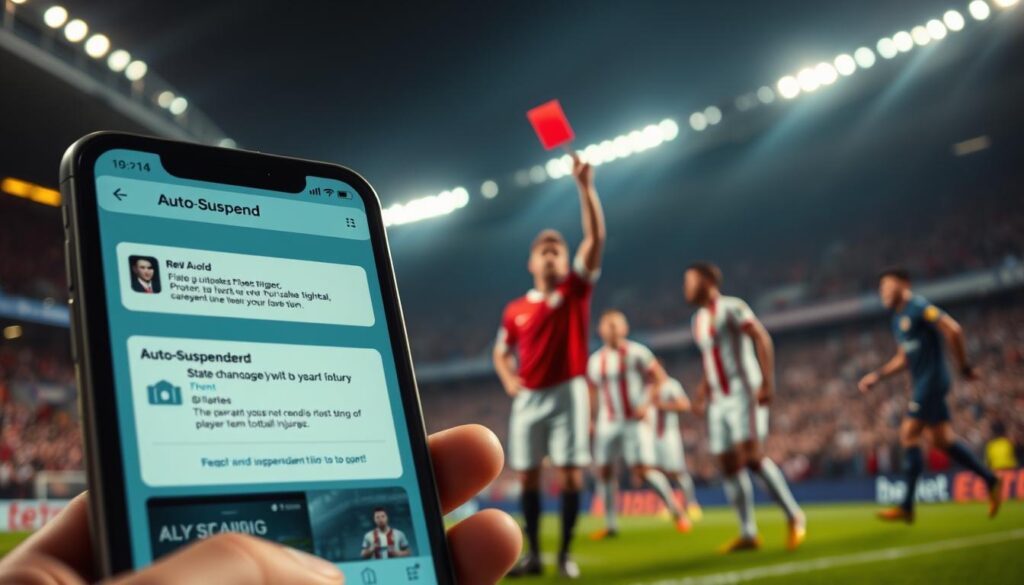 A dynamic sports betting scene capturing the moment of auto-suspend triggers during a live game. In the foreground, a close-up of a smartphone displaying a sports betting app with highlighted auto-suspend alerts, showcasing state changes triggered by events like red cards or player injuries. In the middle ground, an intense moment in a football match—a referee brandishing a red card, players displaying a mix of surprise and frustration. The background features a blurred stadium filled with spectators, lights illuminating the action. The atmosphere is tense yet focused, conveying the high-stakes nature of in-play betting. Use dramatic lighting to highlight the urgency of the moment, shot from a low angle to emphasize the intensity. A dynamic sports betting scene capturing the moment of auto-suspend triggers during a live game. In the foreground, a close-up of a smartphone displaying a sports betting app with highlighted auto-suspend alerts, showcasing state changes triggered by events like red cards or player injuries. In the middle ground, an intense moment in a football match—a referee brandishing a red card, players displaying a mix of surprise and frustration. The background features a blurred stadium filled with spectators, lights illuminating the action. The atmosphere is tense yet focused, conveying the high-stakes nature of in-play betting. Use dramatic lighting to highlight the urgency of the moment, shot from a low angle to emphasize the intensity.
