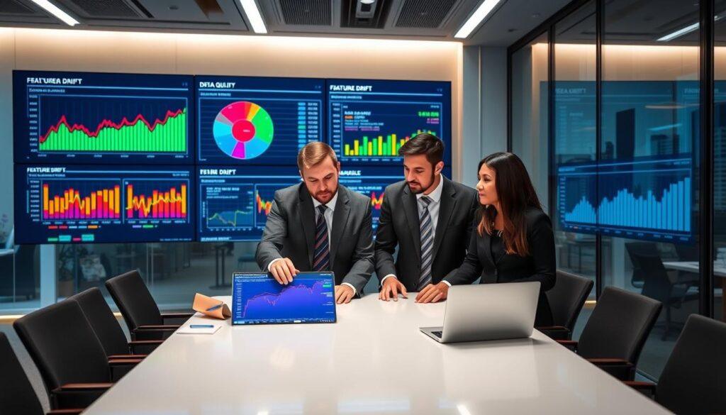 A modern office environment serving as the backdrop, filled with large screens displaying colorful graphs and charts illustrating data quality and feature drift in machine learning models. In the foreground, a diverse group of three professionals in business attire—two men and one woman—collaborate around a sleek table, analyzing the data on a laptop. One person gestures towards a chart showing a pronounced feature drift while the others take notes. The lighting is bright and focused, highlighting the screens while casting soft shadows. A large window reveals a cityscape, giving a dynamic ambiance. The overall atmosphere is one of concentration and teamwork, emphasizing the importance of validation and monitoring in data science related to financial modeling. A modern office environment serving as the backdrop, filled with large screens displaying colorful graphs and charts illustrating data quality and feature drift in machine learning models. In the foreground, a diverse group of three professionals in business attire—two men and one woman—collaborate around a sleek table, analyzing the data on a laptop. One person gestures towards a chart showing a pronounced feature drift while the others take notes. The lighting is bright and focused, highlighting the screens while casting soft shadows. A large window reveals a cityscape, giving a dynamic ambiance. The overall atmosphere is one of concentration and teamwork, emphasizing the importance of validation and monitoring in data science related to financial modeling.