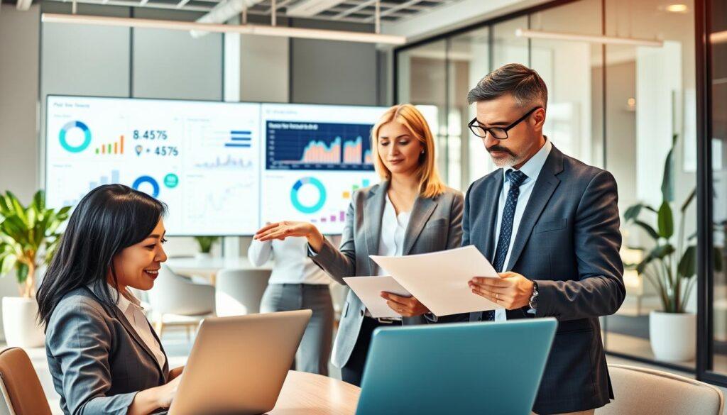 A modern office setting featuring a diverse team of professionals engaged in a human-in-the-loop review process. In the foreground, a focused Asian woman in business attire analyzes data on a laptop, while a middle-aged Black man, wearing a smart casual outfit, reviews documents. In the middle ground, a white woman gestures towards a large monitor displaying data analytics and charts related to fraud detection. In the background, a bright and airy conference room is visible, equipped with plants and glass walls, creating a collaborative atmosphere. The lighting is warm and inviting, with natural sunlight streaming in. The mood is professional and focused, conveying the importance of teamwork in detecting bonus abuse and ensuring fair treatment of customers. A modern office setting featuring a diverse team of professionals engaged in a human-in-the-loop review process. In the foreground, a focused Asian woman in business attire analyzes data on a laptop, while a middle-aged Black man, wearing a smart casual outfit, reviews documents. In the middle ground, a white woman gestures towards a large monitor displaying data analytics and charts related to fraud detection. In the background, a bright and airy conference room is visible, equipped with plants and glass walls, creating a collaborative atmosphere. The lighting is warm and inviting, with natural sunlight streaming in. The mood is professional and focused, conveying the importance of teamwork in detecting bonus abuse and ensuring fair treatment of customers.