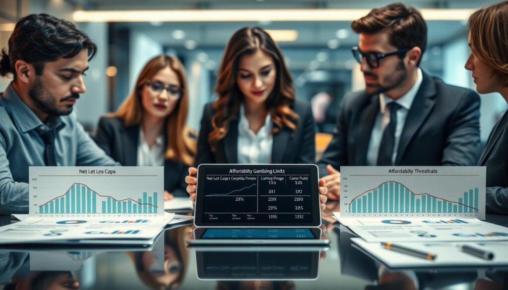 A close-up scene depicting a professional setting focused on responsible gambling, illustrating the concept of "affordability gambling limits." In the foreground, a diverse group of three professionals—two men and one woman—are engaged in a serious discussion, dressed in smart business attire. They are surrounded by financial documents and charts displaying graphs of net loss caps and affordability thresholds. In the middle, a sleek, modern table with a digital tablet showing interactive data. The background features a blurred office environment with soft lighting, evoking a focused atmosphere conducive to serious decision-making. The overall mood is thoughtful and reflective, underscoring the importance of protecting both players and the industry.