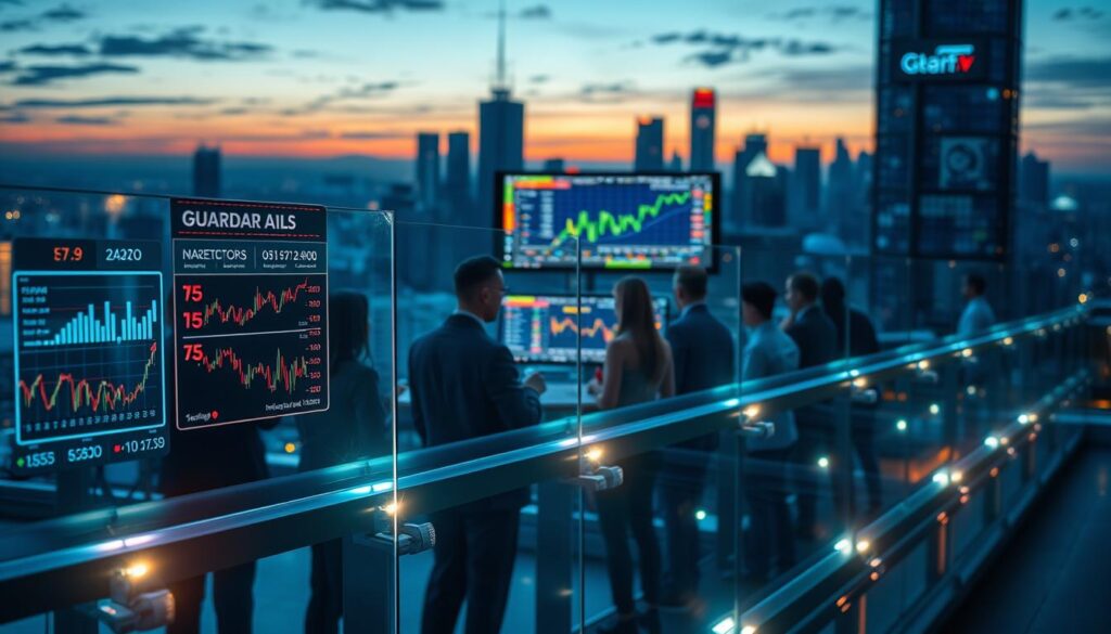 A conceptual depiction of cash-out pricing guardrails during market volatility, focusing on a digital trading environment. In the foreground, a transparent, modern glass barrier labeled with financial indicators and fluctuating graphs, symbolizing guardrails, reflects bright neon lights. In the middle ground, a diverse team of professionals in business attire attentively analyze rising and falling market charts displayed on large screens, showcasing dynamic news spikes. The background features a city skyline at twilight, bathed in soft blue and orange hues, adding a sense of urgency and tension. Shining lights and digital overlays enhance the atmosphere, emphasizing anticipation and strategic decision-making. The image aims to convey a serious yet innovative mood, suitable for a financial article. A conceptual depiction of cash-out pricing guardrails during market volatility, focusing on a digital trading environment. In the foreground, a transparent, modern glass barrier labeled with financial indicators and fluctuating graphs, symbolizing guardrails, reflects bright neon lights. In the middle ground, a diverse team of professionals in business attire attentively analyze rising and falling market charts displayed on large screens, showcasing dynamic news spikes. The background features a city skyline at twilight, bathed in soft blue and orange hues, adding a sense of urgency and tension. Shining lights and digital overlays enhance the atmosphere, emphasizing anticipation and strategic decision-making. The image aims to convey a serious yet innovative mood, suitable for a financial article.