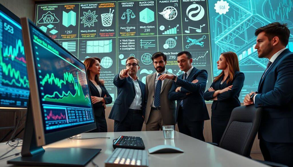 A detailed and visually striking representation of the limitations of the Monte Carlo VaR model in a financial context. In the foreground, a sleek computer terminal displays complex financial graphs and models, with numbers and probability distributions highlighted in glowing shades of blue and green. In the middle, a diverse group of professionals in business attire—focused men and women—discuss the model's shortcomings, pointing at the screen with concerned expressions. In the background, a large digital wall features various risk factors, scenarios, and black swan events depicted with abstract icons and images, creating an atmosphere of tension and urgency. Soft, focused lighting emphasizes the intensity of their discussion, while a dynamic angle captures the interaction, evoking a sense of depth and engagement in the scene. A detailed and visually striking representation of the limitations of the Monte Carlo VaR model in a financial context. In the foreground, a sleek computer terminal displays complex financial graphs and models, with numbers and probability distributions highlighted in glowing shades of blue and green. In the middle, a diverse group of professionals in business attire—focused men and women—discuss the model's shortcomings, pointing at the screen with concerned expressions. In the background, a large digital wall features various risk factors, scenarios, and black swan events depicted with abstract icons and images, creating an atmosphere of tension and urgency. Soft, focused lighting emphasizes the intensity of their discussion, while a dynamic angle captures the interaction, evoking a sense of depth and engagement in the scene.