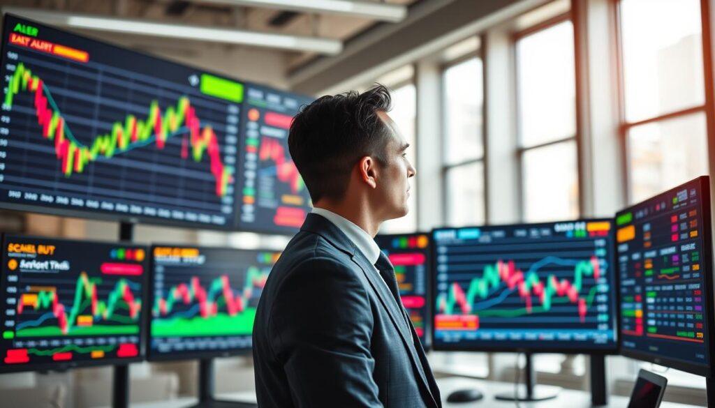 A digital dashboard displaying fast-acting alert rules for price changes, featuring multiple screens with graphs and indicators in vivid colors. In the foreground, a well-dressed business professional intently monitors the data, showcasing focus and determination. The middle ground includes various charts representing real-time price fluctuations, with dynamic lines and bright alerts popping up. The background captures a modern, sleek office environment with large windows allowing natural light to flood in, enhancing the high-tech atmosphere. The overall mood is one of urgency and alertness, emphasizing the rapid response to market changes. The lighting is bright but balanced, bringing clarity to the scene, while a slight depth of field isolates the business professional, highlighting their concentration amid the bustling data. A digital dashboard displaying fast-acting alert rules for price changes, featuring multiple screens with graphs and indicators in vivid colors. In the foreground, a well-dressed business professional intently monitors the data, showcasing focus and determination. The middle ground includes various charts representing real-time price fluctuations, with dynamic lines and bright alerts popping up. The background captures a modern, sleek office environment with large windows allowing natural light to flood in, enhancing the high-tech atmosphere. The overall mood is one of urgency and alertness, emphasizing the rapid response to market changes. The lighting is bright but balanced, bringing clarity to the scene, while a slight depth of field isolates the business professional, highlighting their concentration amid the bustling data.