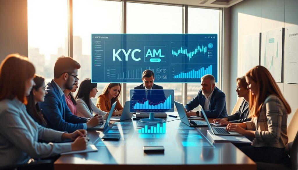 A dynamic office environment symbolizing AML KYC compliance protocols. In the foreground, a diverse group of professionals in business attire is engaged in discussion around a conference table, with laptops and documents scattered about. The middle layer features a digital dashboard displaying KYC and AML analytics, glowing softly in blue and green hues. The background shows a large window with a city skyline, bathed in natural light, creating a bright, optimistic atmosphere. Incorporate subtle visual elements like charts and graphs on the walls, indicating data privacy and regulatory insights. The mood conveys professionalism, vigilance, and collaboration, emphasizing the importance of compliance in trading.