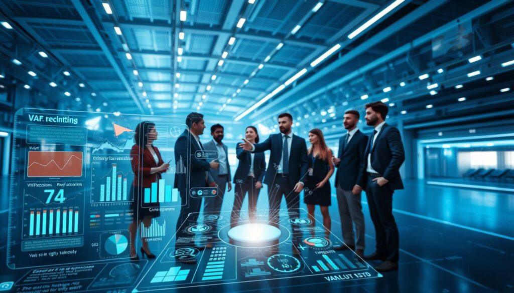 A futuristic visualization of an "Event-State Modeling Integrity System" in a high-tech environment. In the foreground, a digital interface displays complex data, charts, and graphs illustrating various states of game events, such as VAR decisions, injuries, and timeouts. The middle layer features diverse, professional individuals in business attire, engaged in a dynamic discussion while pointing at holographic projections emanating from the digital interface. The background is a sleek, modern sports facility, subtly lit with a blend of cool blue and white lighting that enhances the technological atmosphere. Use a wide-angle lens effect to capture the entire scene, conveying a collaborative and innovative mood, emphasizing efficiency and clarity within the event-state modeling process.