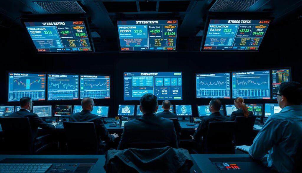 A high-tech control room during a stress testing simulation, focusing on emergency controls. In the foreground, professional individuals in business attire are intently analyzing data on multiple screens, with charts and graphs displaying stress test scenarios for financial markets. The middle ground features large monitors displaying urgent alerts and scenarios labeled "Price Action," "Limits," and "Suspension Protocols." The background has a sleek, modern design with dim ambient lighting and bright screen illuminations creating a tense, focused atmosphere. A wide-angle view captures the room's dynamic energy, emphasizing teamwork and urgency in crisis management. The scene is devoid of any text or branding, evoking a sense of professionalism and vigilance in risk management. A high-tech control room during a stress testing simulation, focusing on emergency controls. In the foreground, professional individuals in business attire are intently analyzing data on multiple screens, with charts and graphs displaying stress test scenarios for financial markets. The middle ground features large monitors displaying urgent alerts and scenarios labeled "Price Action," "Limits," and "Suspension Protocols." The background has a sleek, modern design with dim ambient lighting and bright screen illuminations creating a tense, focused atmosphere. A wide-angle view captures the room's dynamic energy, emphasizing teamwork and urgency in crisis management. The scene is devoid of any text or branding, evoking a sense of professionalism and vigilance in risk management.