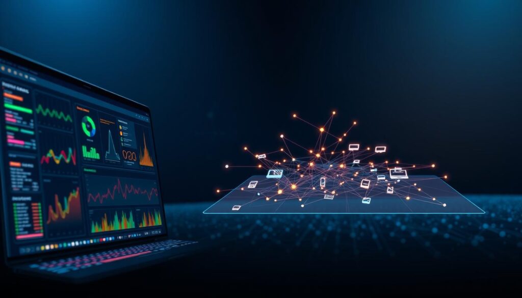 A highly detailed illustration depicting a layered defense system against payment fraud, emphasizing "3DS2", "Velocity Rules", and "Device Graphs". In the foreground, show a sleek digital interface filled with various colorful graphs and charts, representing data flow and analysis. The middle layer features an abstract, interconnected web of devices, symbolizing the device graphs utilized in fraud detection, arranged in a visually striking network pattern. In the background, a gradient of dark blue to black symbolizes the complex digital landscape of online payments, illuminated by glowing nodes and lines to evoke a high-tech atmosphere. Soft, focused lighting highlights the interface, with a lens effect adding depth, ensuring the overall mood is professional and futuristic, suitable for a financial context. A highly detailed illustration depicting a layered defense system against payment fraud, emphasizing "3DS2", "Velocity Rules", and "Device Graphs". In the foreground, show a sleek digital interface filled with various colorful graphs and charts, representing data flow and analysis. The middle layer features an abstract, interconnected web of devices, symbolizing the device graphs utilized in fraud detection, arranged in a visually striking network pattern. In the background, a gradient of dark blue to black symbolizes the complex digital landscape of online payments, illuminated by glowing nodes and lines to evoke a high-tech atmosphere. Soft, focused lighting highlights the interface, with a lens effect adding depth, ensuring the overall mood is professional and futuristic, suitable for a financial context.