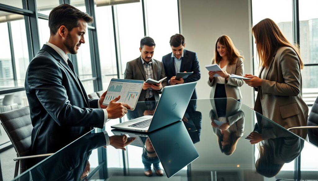 A modern office conference room with a large glass table at the center, surrounded by a diverse group of professionals engaged in a collaborative discussion. In the foreground, a trader in smart business attire, wearing a suit and tie, reviews data on a laptop, highlighting key charts and insights. Beside him, an RG (Responsible Gambling) specialist, dressed in professional attire, takes notes, focusing intently. In the background, large windows let in soft, natural light, illuminating the room and creating a productive atmosphere. The group also includes a CRM team member, with a notepad in hand, contributing to the conversation. The angle captures the brainstorming moment, emphasizing teamwork, trust, and the importance of collaboration in responsible gaming practices. The overall mood is one of professionalism and determination.