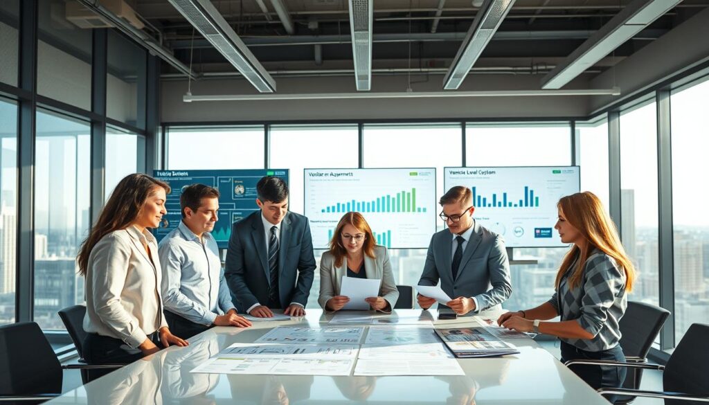 A modern office environment depicting a collaborative team designing a Service Level Agreement (SLA) for a sportsbook. In the foreground, a diverse group of professionals in business attire are gathered around a sleek conference table, analyzing flowcharts and data reports. They exhibit focused expressions, highlighting the importance of security, KYC (Know Your Customer) processes, and efficient payment systems. In the middle ground, digital screens display graphs and metrics related to vendor performance and compliance monitoring. The background features large windows showcasing a cityscape, with natural light pouring in, creating a bright and motivational atmosphere. Capture this scene with a wide-angle lens to emphasize collaboration, while maintaining a clean and organized aesthetic that reflects professionalism and trustworthiness. Overall, convey a mood of diligence and strategic planning in the realm of vendor risk management. A modern office environment depicting a collaborative team designing a Service Level Agreement (SLA) for a sportsbook. In the foreground, a diverse group of professionals in business attire are gathered around a sleek conference table, analyzing flowcharts and data reports. They exhibit focused expressions, highlighting the importance of security, KYC (Know Your Customer) processes, and efficient payment systems. In the middle ground, digital screens display graphs and metrics related to vendor performance and compliance monitoring. The background features large windows showcasing a cityscape, with natural light pouring in, creating a bright and motivational atmosphere. Capture this scene with a wide-angle lens to emphasize collaboration, while maintaining a clean and organized aesthetic that reflects professionalism and trustworthiness. Overall, convey a mood of diligence and strategic planning in the realm of vendor risk management.