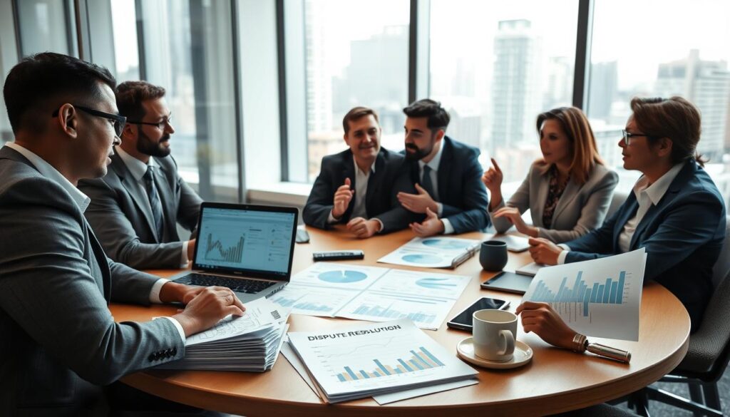 A professional business meeting setting in a well-lit office space, featuring a round table surrounded by individuals in professional attire, discussing and analyzing various documents and charts related to settlement risk disputes. In the foreground, a close-up of a paper stack marked with "Dispute Resolution" and "Risk Analysis" reports, a laptop displaying data visualization dashboards, and a coffee cup placed next to a notepad. In the middle ground, the engaged discussion among diverse professionals, with expressions of concentration and concern, showcasing gestures of debate. The background reveals large windows with cityscape views, hinting at a bustling financial district outside. Soft, natural lighting illuminates the scene, creating a focused yet dynamic atmosphere, emphasizing the importance of accurate grading and dispute resolution. A professional business meeting setting in a well-lit office space, featuring a round table surrounded by individuals in professional attire, discussing and analyzing various documents and charts related to settlement risk disputes. In the foreground, a close-up of a paper stack marked with "Dispute Resolution" and "Risk Analysis" reports, a laptop displaying data visualization dashboards, and a coffee cup placed next to a notepad. In the middle ground, the engaged discussion among diverse professionals, with expressions of concentration and concern, showcasing gestures of debate. The background reveals large windows with cityscape views, hinting at a bustling financial district outside. Soft, natural lighting illuminates the scene, creating a focused yet dynamic atmosphere, emphasizing the importance of accurate grading and dispute resolution.