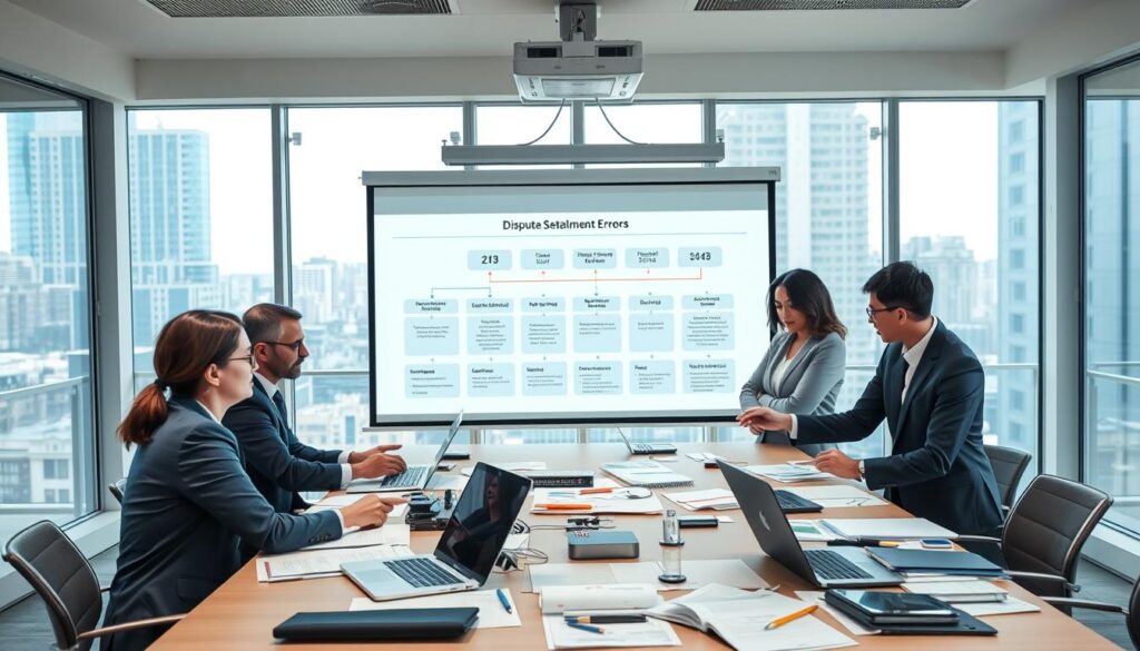 A professional office environment depicting a collaborative team engaged in a dispute resolution meeting. In the foreground, a diverse group of four individuals dressed in smart business attire is gathered around a large table cluttered with documents, laptops, and charts. They are debating and pointing to a digital display showing metrics and performance indicators related to settlement errors. In the middle ground, a projector displays a flowchart outlining the dispute intake and resolution process. The background features large windows with urban views, allowing natural light to illuminate the room. The atmosphere is tense yet focused, embodying determination and professionalism, shot from a slightly elevated angle to capture the interaction among the team. A professional office environment depicting a collaborative team engaged in a dispute resolution meeting. In the foreground, a diverse group of four individuals dressed in smart business attire is gathered around a large table cluttered with documents, laptops, and charts. They are debating and pointing to a digital display showing metrics and performance indicators related to settlement errors. In the middle ground, a projector displays a flowchart outlining the dispute intake and resolution process. The background features large windows with urban views, allowing natural light to illuminate the room. The atmosphere is tense yet focused, embodying determination and professionalism, shot from a slightly elevated angle to capture the interaction among the team.