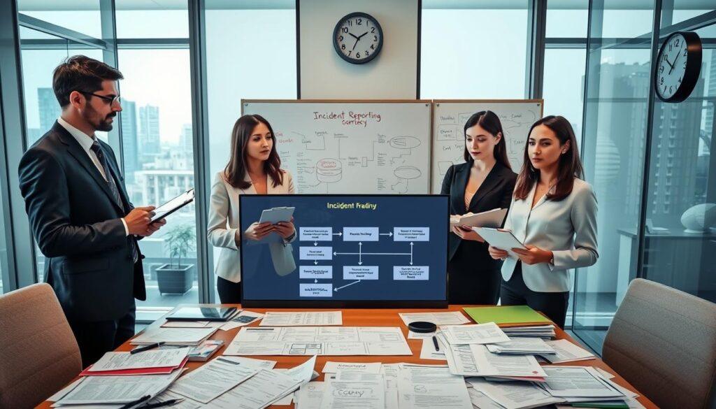 A professional office environment illustrating an incident reporting protocol. In the foreground, a diverse group of business professionals in formal attire—two men and two women—engage in a focused discussion, each holding clipboards and digital devices. In the middle, a large table covered with annotated paperwork, charts, and a digital monitor displaying a flowchart of incident reporting steps. The background features glass walls with city views, a whiteboard filled with diagrams, and a wall clock indicating urgency. Soft, natural lighting illuminates the scene through large windows, creating a serious yet collaborative atmosphere. The camera is angled slightly above eye level to capture both the individuals and the detailed clutter of documents, emphasizing the importance of compliance and communication in trading.