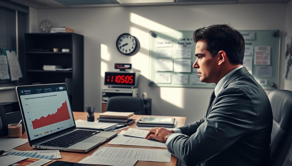 A professional office environment showcasing a desk cluttered with financial documents, charts, and a laptop adorned with graphs indicating payment risks. In the foreground, a businessperson in formal attire, looking intensely at a screen displaying potential fraud alerts linked to deposits and withdrawals. In the middle ground, a wall-mounted digital clock shows the time, hinting at urgency in mitigating risks. In the background, a subtle glass board displays charts and notes on chargebacks with red markers highlighting areas of concern. Soft overhead lighting creates a focused atmosphere, while natural light filters through a window, casting shadows that evoke a serious mood of vigilance and caution. The overall tone should reflect the tension in navigating financial risks in betting operations without featuring any identifiable individuals or text. A professional office environment showcasing a desk cluttered with financial documents, charts, and a laptop adorned with graphs indicating payment risks. In the foreground, a businessperson in formal attire, looking intensely at a screen displaying potential fraud alerts linked to deposits and withdrawals. In the middle ground, a wall-mounted digital clock shows the time, hinting at urgency in mitigating risks. In the background, a subtle glass board displays charts and notes on chargebacks with red markers highlighting areas of concern. Soft overhead lighting creates a focused atmosphere, while natural light filters through a window, casting shadows that evoke a serious mood of vigilance and caution. The overall tone should reflect the tension in navigating financial risks in betting operations without featuring any identifiable individuals or text.