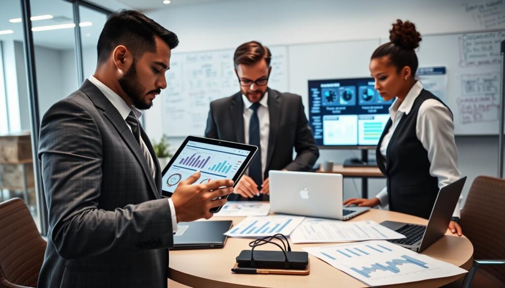 A professional setting showcasing a security compliance audit in action. In the foreground, a diverse group of three business professionals, dressed in smart business attire, reviewing a digital tablet filled with graphs and charts. In the middle ground, a round table surrounded by audit documents, laptops, and a large monitor displaying security dashboards and compliance checklists. The background features a modern office environment with glass walls, a whiteboard covered in compliance notes, and a soft glow from overhead lighting creating a focused, serious atmosphere. The image should convey a sense of diligence and critical evaluation, emphasizing the importance of security compliance audits in risk management. Use a slightly angled perspective to add depth and visual interest. A professional setting showcasing a security compliance audit in action. In the foreground, a diverse group of three business professionals, dressed in smart business attire, reviewing a digital tablet filled with graphs and charts. In the middle ground, a round table surrounded by audit documents, laptops, and a large monitor displaying security dashboards and compliance checklists. The background features a modern office environment with glass walls, a whiteboard covered in compliance notes, and a soft glow from overhead lighting creating a focused, serious atmosphere. The image should convey a sense of diligence and critical evaluation, emphasizing the importance of security compliance audits in risk management. Use a slightly angled perspective to add depth and visual interest.